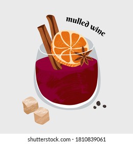 A glass with red hot mulled wine with slice of orange,  cinnamon, star anise, sugar and spices. Vector illustration with textures.