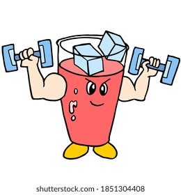 a glass of red ice with a cartoon face lifting a barbell. cartoon doodle sticker draw