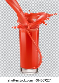 Glass of red juice and a splash. Tomato, Strawberries. 3d realism, vector icon