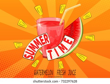 Glass with red juice and watermelon in rays, on orange contrast background, and halftone spots. Summer Time. Vector