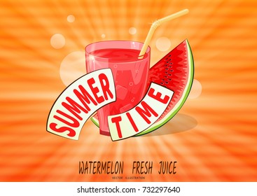 Glass with red juice and watermelon in rays, on orange background, and horizontal streaks-spots, like interference on old TV. Summer Time. Vector