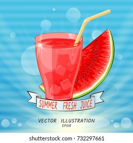 Glass with red juice and watermelon in rays, on blue background, and horizontal streaks-spots, like interference on old TV. Summer Fresh Juice. Vector