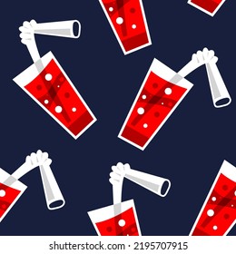 A glass with red soda and a white straw on a blue background. Seamless vector pattern.