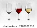 Glass with red and white wine. Realistic transparent wineglasses. Full or empty 3D alcohol glassware. Grape beverages serving. Isolated transparent goblets. Vector cocktail stemware set