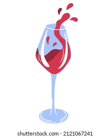 Glass of red wine. Alcoholic beverage. Red wine splashes from a glass. Perfect for poster, print design, bar menu design. Vector cartoon illustration isolated on the white background.