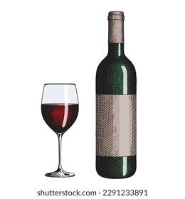 A glass of red wine and a bottle with a label. Vector hand drawn color illustration
