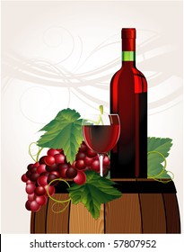 The glass of red wine, bottle, old barrel and grape. Vector.
