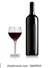 Glass of red wine and bottle on a white background.