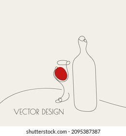 Glass of red wine and bottle in sketch style. Vector concept illustration of alcoholic drinks. Wineglass icon. Poster for wine tasting, party, restaurant menu. 