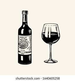 Glass of red wine and glass bottle still life. Alcoholic drink or sparkling champagne. Hand Drawn engraved vintage sketch for bar, restaurant menu.