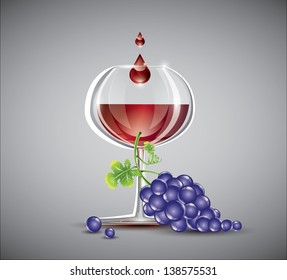 Glass of red wine with bunch of dark grapes, EPS 10