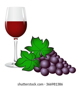 Glass of red wine and a bunch of red grapes. Vector image.