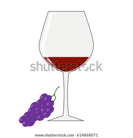 A glass of red wine and a bunch of grapes on a white background