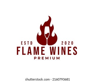 una copa de logo para la quema de vino tinto. Concepto de diseño del logotipo del vino de llama