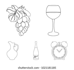 A glass of red wine, champagne, a jug of wine, a bunch. Wine production set collection icons in outline style vector symbol stock illustration web.