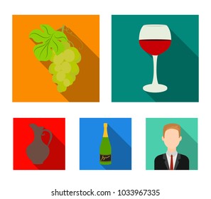A glass of red wine, champagne, a jug of wine, a bunch. Wine production set collection icons in flat style vector symbol stock illustration web.