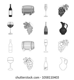 A glass of red wine, champagne, a jug of wine, a bunch. Wine production set collection icons in outline,monochrome style vector symbol stock illustration web.