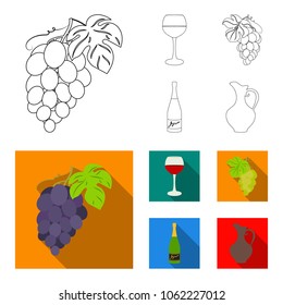 A glass of red wine, champagne, a jug of wine, a bunch. Wine production set collection icons in outline,flat style vector symbol stock illustration web.