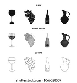 A glass of red wine, champagne, a jug of wine, a bunch. Wine production set collection icons in black,monochrome,outline style vector symbol stock illustration web.