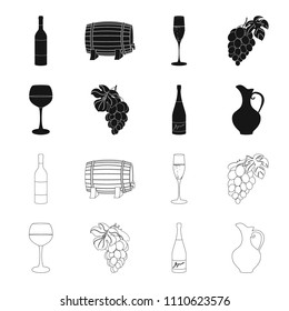 A glass of red wine, champagne, a jug of wine, a bunch. Wine production set collection icons in black,outline style vector symbol stock illustration web.