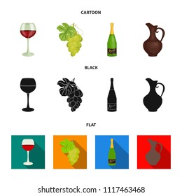 A glass of red wine, champagne, a jug of wine, a bunch. Wine production set collection icons in cartoon,black,flat style vector symbol stock illustration web.