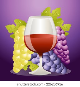 glass of red wine and cluster of vine,vector illustration