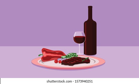 Glass Of Red Wine And Delicious Steak For A Romantic Dinner