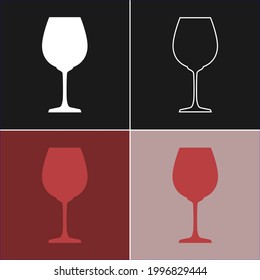 Glass red wine. Four types of images. Contour line art in flat style. Silhouette wine glasses on a color background. Restaurant alcoholic illustration for celebration design. Beverage outline icon.
