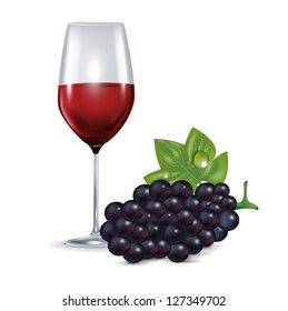 glass with red wine and grape isolated on white