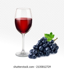 The glass of red wine and grape isolated on transparent background. Realistic vector illustration.