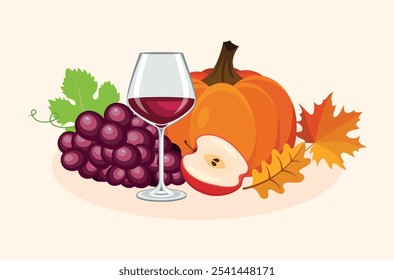 Glass of red wine, grape, pumpkin, apple and autumn colorful leaves vector illustration. Autumn crop and plant drawing. Autumn harvest icon set. Fall still life graphic design element