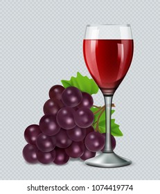 Glass of red wine with grapes. 3d realistic vector