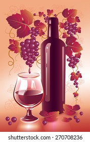 Glass of red wine, grapes and bottle. Vector illustration.