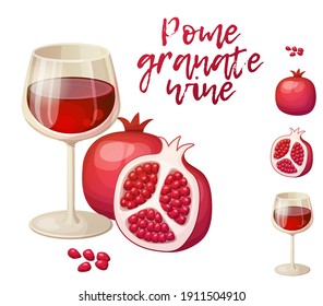 Glass of red wine and half and whole pomegranates fruits vector icons isolated on white background. Cartoon illustration of spiced drink for Rosh Hashanah evening