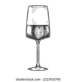 Glass of red wine in hand drawn style. Black and white illustration on a white background.