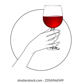 Glass of red wine. Hand holding glass with red wine. A toast with a glass of wine at a family dinner.  Vector illustration