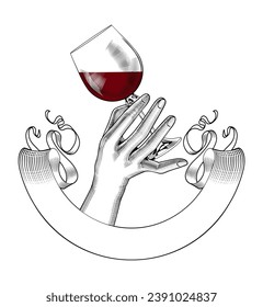 Glass of red wine. Hand holding glass with red wine. A toast with a glass of wine at a family dinner. Vector illustration.