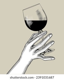 Glass of red wine. Hand holding glass with red wine. A toast with a glass of wine at a family dinner. Vector illustration.