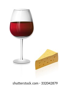 A glass of red wine isolated on a white background with cheese in realistic manner with reflections and shiny highlights. Vector illustration.