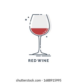 Glass red wine line art in flat style. Restaurant alcoholic illustration for celebration design. Design contour element. Beverage outline icon. Isolated on white background in graphic style.
