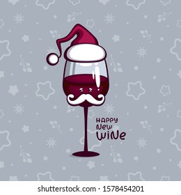 Glass of red wine with mustache and in santa hat. New year cartoon character on seamless festive background. Template for comic card and invitation with "Happy new wine" lettering.