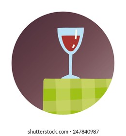 Glass of red wine on checkered green tablecloth minimalistic vector illustration.