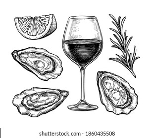 Glass of red wine and oysters with lemon and rosemary. Ink sketch isolated on white background. Hand drawn vector illustration. Retro style.