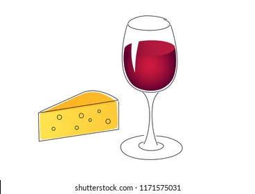 Glass of red wine and piece of cheese