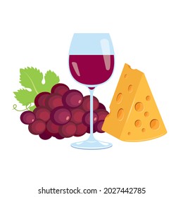 Glass of red wine, piece of cheese, red grape icon vector. Yellow cheese with holes icon vector. Red bunch of grapes and glass of wine still life icon isolated on a white background