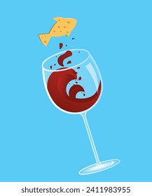 A glass of red wine and a piece of cheese in the shape of fish. Wine splashes in a glass. Unique, unusual design that attracts attention. Isolated vector illustration with blue background, minimalism.