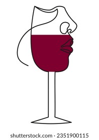 Glass of Red Wine in the Shape of Abstract Human Face in Minimal One Line Art Drawing