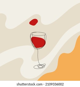 Glass of red wine in sketch style. Vector concept illustration of alcoholic drinks. Wineglass icon. Poster for wine tasting, party, restaurant menu. Abstract background with organic flowing shapes.