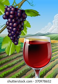 Glas Rotwein und einige Trauben über einer ländlichen Landschaft. Vektorgrafik.