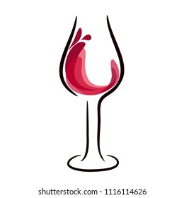 Glass of red wine with splash, hand draw, stock vector logo illustration
